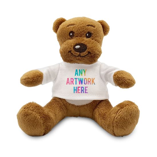 A small, promotional soft toy teddy bear with a friendly expression on its face. The toy is made of high-quality materials and is perfect for children and adults alike